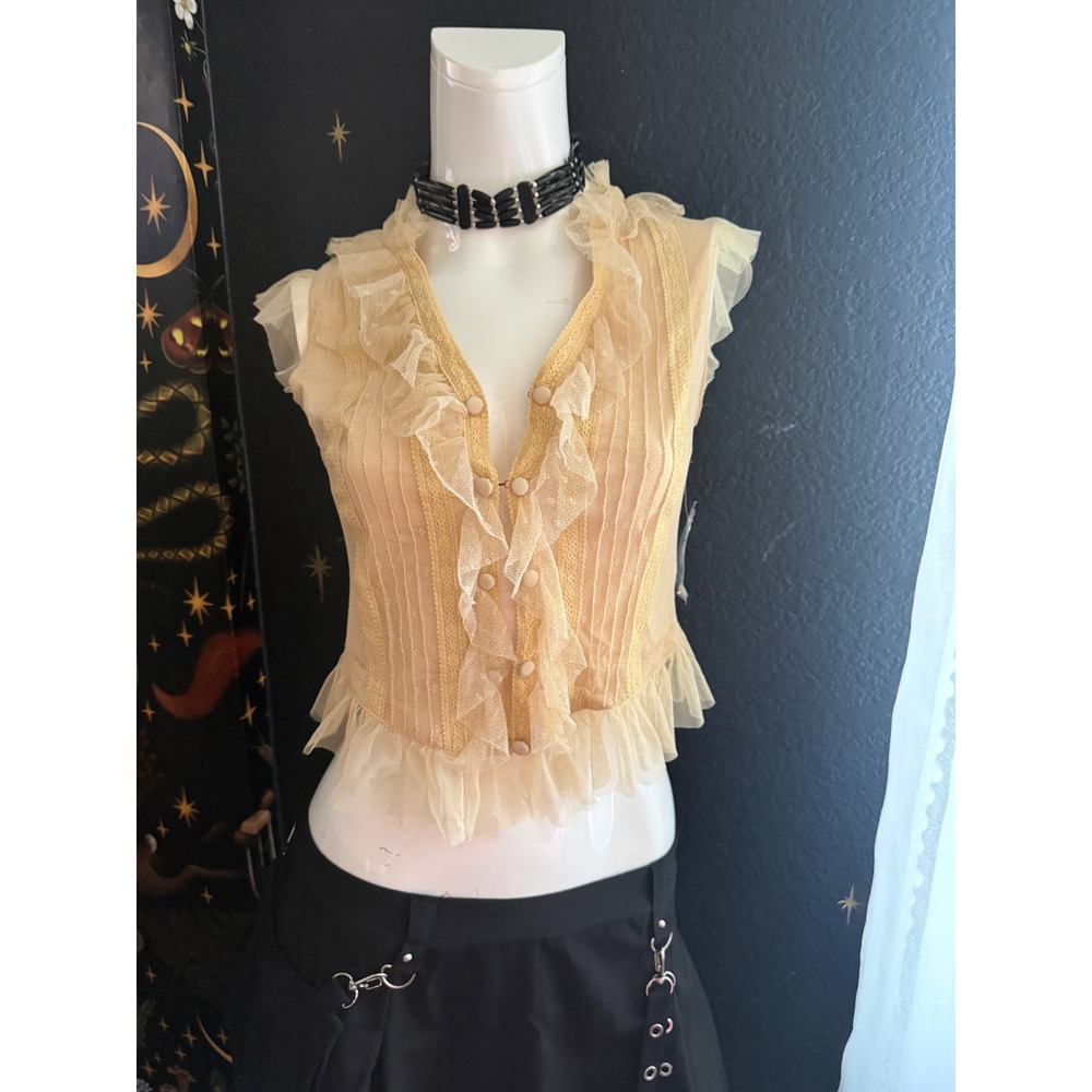 Tramp Ruffle Mesh Lace Sleeveless Button Front Blouse Top Womens Medium
